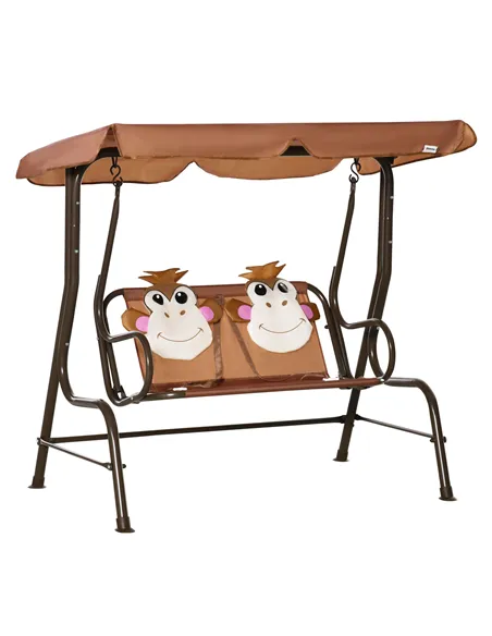 Outsunny 2 Seater Kids Garden Swing Seat, Children Outdoor Patio Lounge Chair for Gardens w/ Adjustable Awning, Seatbelt, Monkey