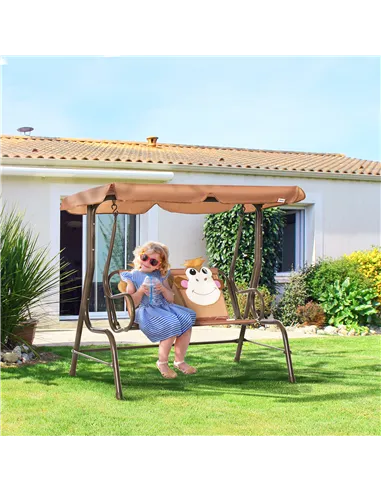 Outsunny 2 Seater Kids Garden Swing Seat, Children Outdoor Patio Lounge Chair for Gardens w/ Adjustable Awning, Seatbelt, Monkey