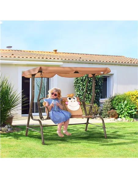Outsunny 2 Seater Kids Garden Swing Seat, Children Outdoor Patio Lounge Chair for Gardens w/ Adjustable Awning, Seatbelt, Monkey