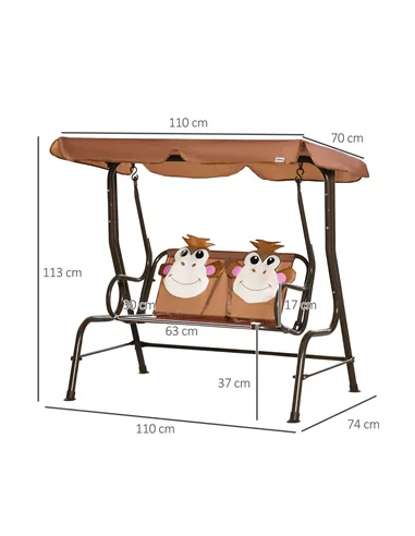 Outsunny 2 Seater Kids Garden Swing Seat, Children Outdoor Patio Lounge Chair for Gardens w/ Adjustable Awning, Seatbelt, Monkey
