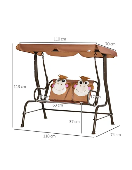 Outsunny 2 Seater Kids Garden Swing Seat, Children Outdoor Patio Lounge Chair for Gardens w/ Adjustable Awning, Seatbelt, Monkey