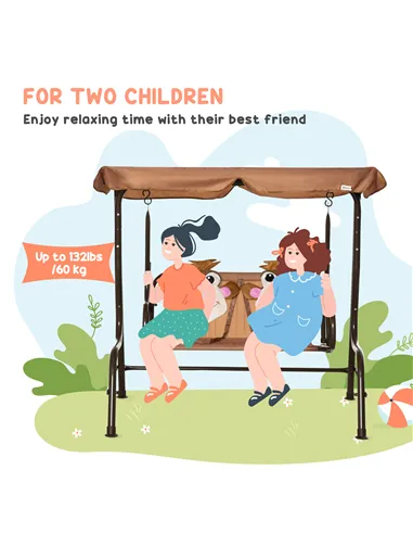 Outsunny 2 Seater Kids Garden Swing Seat, Children Outdoor Patio Lounge Chair for Gardens w/ Adjustable Awning, Seatbelt, Monkey