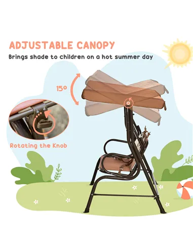 Outsunny 2 Seater Kids Garden Swing Seat, Children Outdoor Patio Lounge Chair for Gardens w/ Adjustable Awning, Seatbelt, Monkey