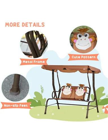 Outsunny 2 Seater Kids Garden Swing Seat, Children Outdoor Patio Lounge Chair for Gardens w/ Adjustable Awning, Seatbelt, Monkey