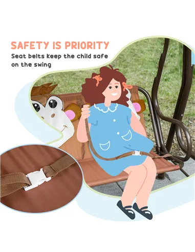 Outsunny 2 Seater Kids Garden Swing Seat, Children Outdoor Patio Lounge Chair for Gardens w/ Adjustable Awning, Seatbelt, Monkey