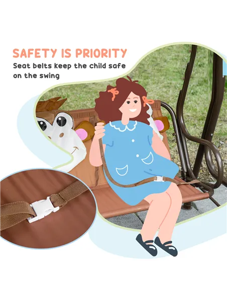 Outsunny 2 Seater Kids Garden Swing Seat, Children Outdoor Patio Lounge Chair for Gardens w/ Adjustable Awning, Seatbelt, Monkey
