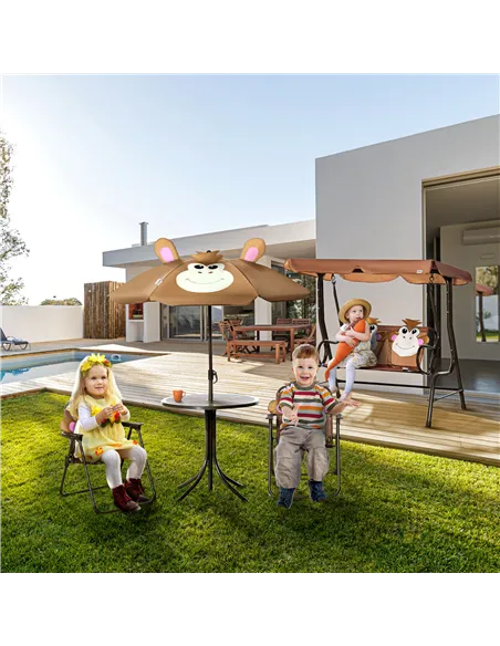 Outsunny 2 Seater Kids Garden Swing Seat, Children Outdoor Patio Lounge Chair for Gardens w/ Adjustable Awning, Seatbelt, Monkey