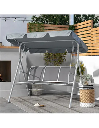 Outsunny Metal Garden Swing Chair, 3-Seater Swing Seat, Patio Hammock Bench Canopy Lounger, Light Grey