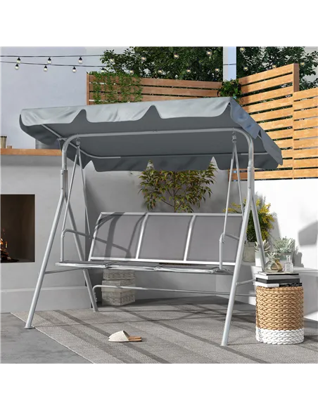 Outsunny Metal Garden Swing Chair, 3-Seater Swing Seat, Patio Hammock Bench Canopy Lounger, Light Grey