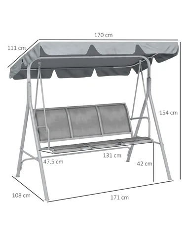 Outsunny Metal Garden Swing Chair, 3-Seater Swing Seat, Patio Hammock Bench Canopy Lounger, Light Grey
