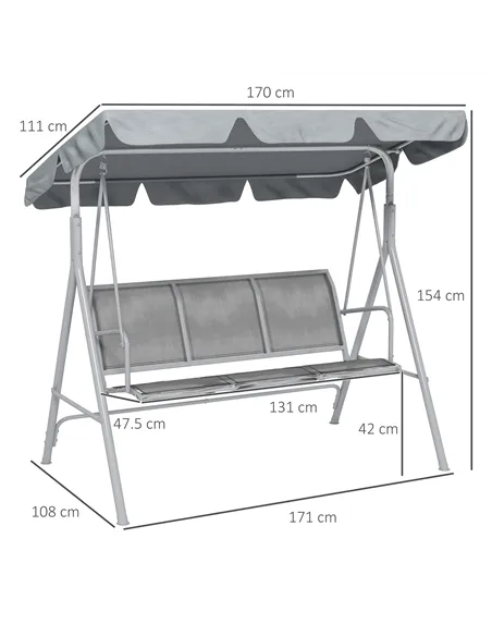 Outsunny Metal Garden Swing Chair, 3-Seater Swing Seat, Patio Hammock Bench Canopy Lounger, Light Grey