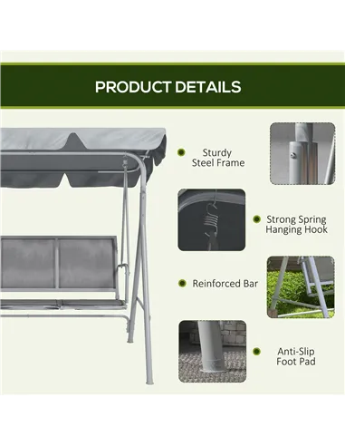 Outsunny Metal Garden Swing Chair, 3-Seater Swing Seat, Patio Hammock Bench Canopy Lounger, Light Grey