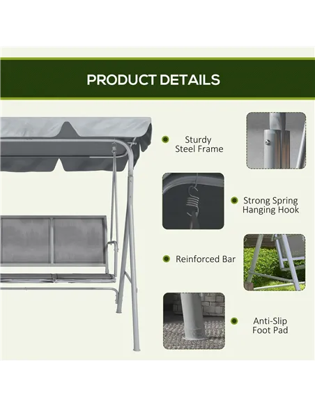 Outsunny Metal Garden Swing Chair, 3-Seater Swing Seat, Patio Hammock Bench Canopy Lounger, Light Grey