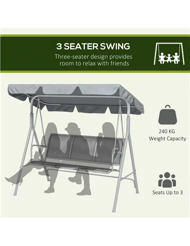 Outsunny Metal Garden Swing Chair, 3-Seater Swing Seat, Patio Hammock Bench Canopy Lounger, Light Grey