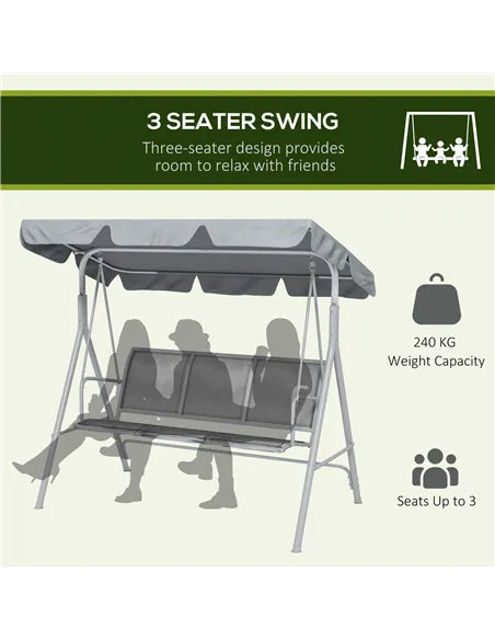 Outsunny Metal Garden Swing Chair, 3-Seater Swing Seat, Patio Hammock Bench Canopy Lounger, Light Grey