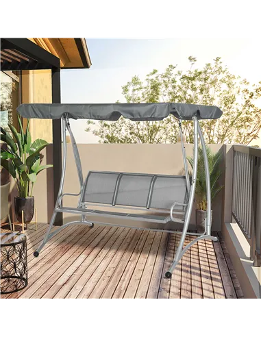 Outsunny Three Person Steel Outdoor Porch Swing Chair Bench w/ Canopy Cover Grey