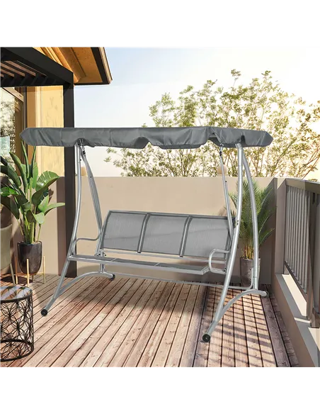 Outsunny Three Person Steel Outdoor Porch Swing Chair Bench w/ Canopy Cover Grey