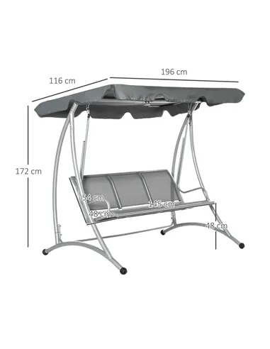 Outsunny Three Person Steel Outdoor Porch Swing Chair Bench w/ Canopy Cover Grey