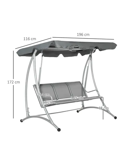 Outsunny Three Person Steel Outdoor Porch Swing Chair Bench w/ Canopy Cover Grey