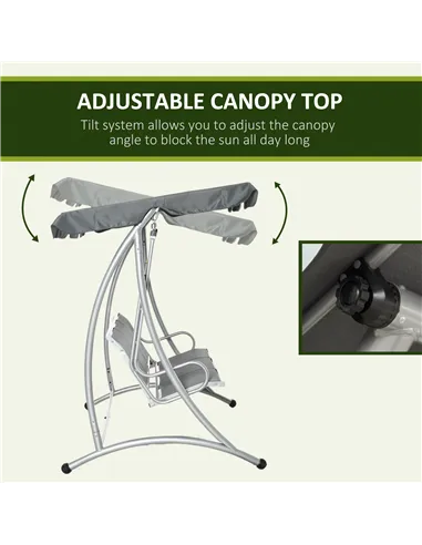 Outsunny Three Person Steel Outdoor Porch Swing Chair Bench w/ Canopy Cover Grey