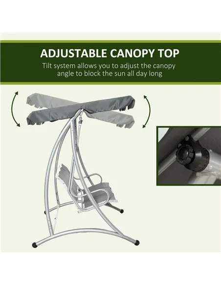 Outsunny Three Person Steel Outdoor Porch Swing Chair Bench w/ Canopy Cover Grey