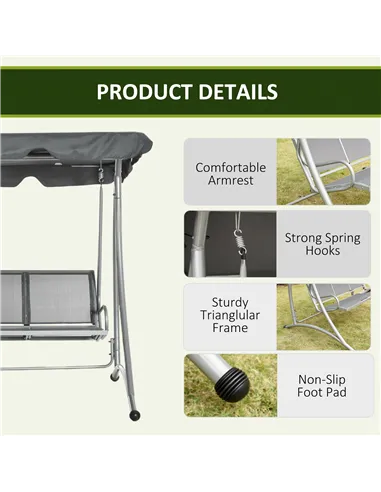 Outsunny Three Person Steel Outdoor Porch Swing Chair Bench w/ Canopy Cover Grey