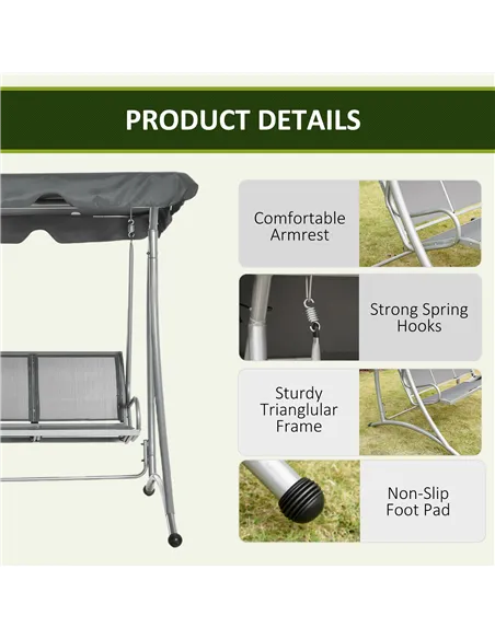 Outsunny Three Person Steel Outdoor Porch Swing Chair Bench w/ Canopy Cover Grey