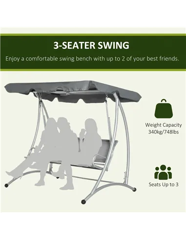 Outsunny Three Person Steel Outdoor Porch Swing Chair Bench w/ Canopy Cover Grey