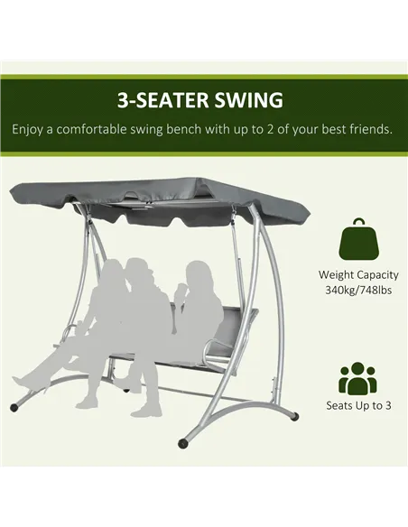 Outsunny Three Person Steel Outdoor Porch Swing Chair Bench w/ Canopy Cover Grey