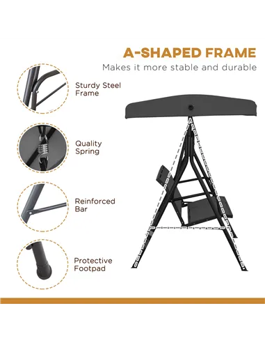 Outsunny Three-Seater Garden Swing Chair, with Canopy - Black