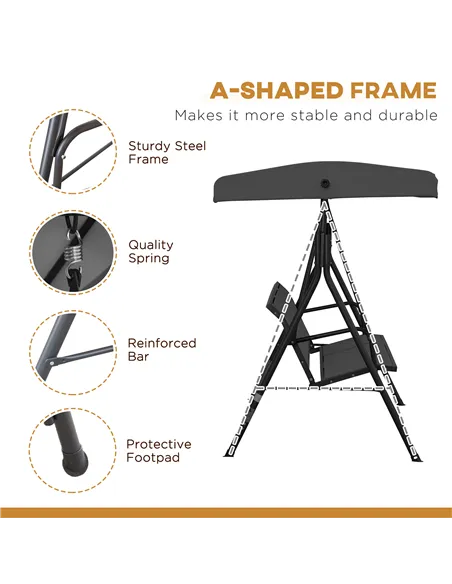 Outsunny Three-Seater Garden Swing Chair, with Canopy - Black