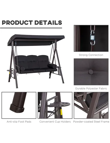 Outsunny Swing Chair Hammock Chair 3 Seater Canopy Cushion Shelter Outdoor Bench Black