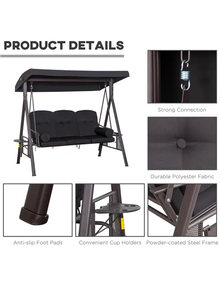 Outsunny Swing Chair Hammock Chair 3 Seater Canopy Cushion Shelter Outdoor Bench Black