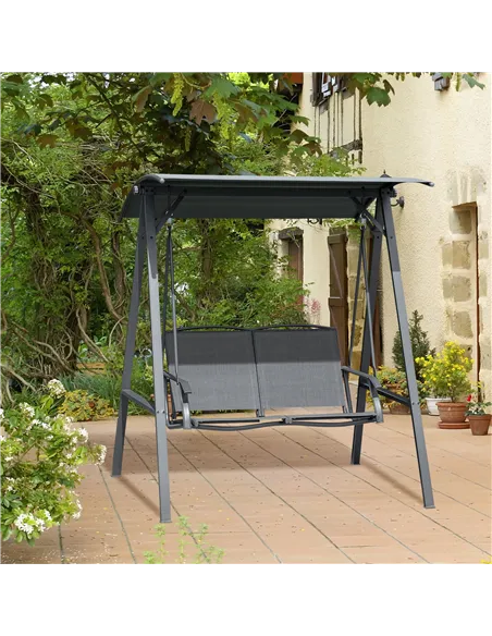 Outsunny 2 Seater Garden Swing Seat Swing Chair, Outdoor Canopy Swing Bench with Adjustable Shade, Metal Frame and Texteline Sea