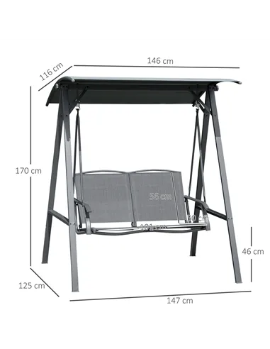 Outsunny 2 Seater Garden Swing Seat Swing Chair, Outdoor Canopy Swing Bench with Adjustable Shade, Metal Frame and Texteline Sea