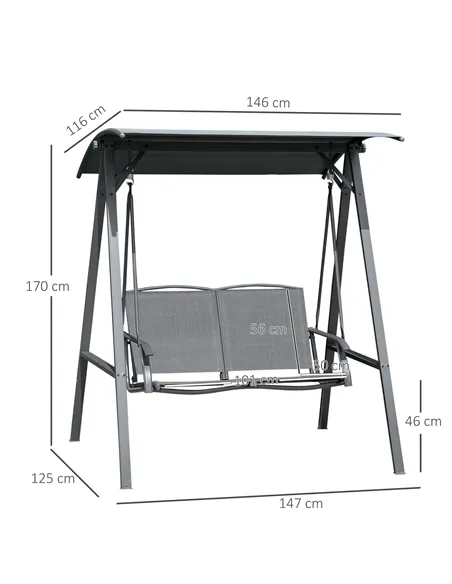 Outsunny 2 Seater Garden Swing Seat Swing Chair, Outdoor Canopy Swing Bench with Adjustable Shade, Metal Frame and Texteline Sea