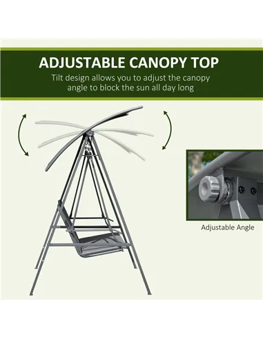Outsunny 2 Seater Garden Swing Seat Swing Chair, Outdoor Canopy Swing Bench with Adjustable Shade, Metal Frame and Texteline Sea