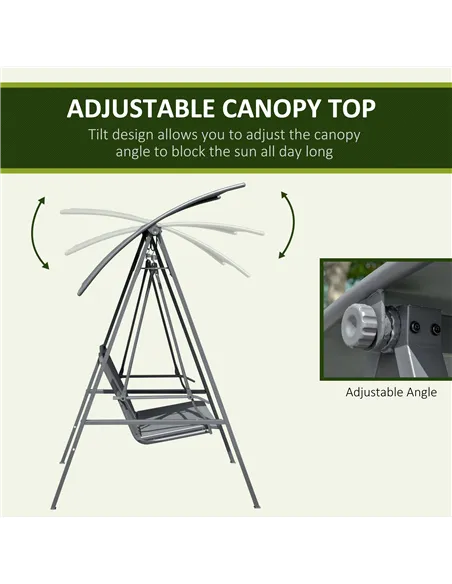 Outsunny 2 Seater Garden Swing Seat Swing Chair, Outdoor Canopy Swing Bench with Adjustable Shade, Metal Frame and Texteline Sea