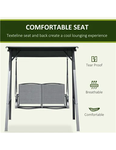 Outsunny 2 Seater Garden Swing Seat Swing Chair, Outdoor Canopy Swing Bench with Adjustable Shade, Metal Frame and Texteline Sea
