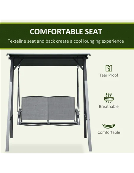 Outsunny 2 Seater Garden Swing Seat Swing Chair, Outdoor Canopy Swing Bench with Adjustable Shade, Metal Frame and Texteline Sea