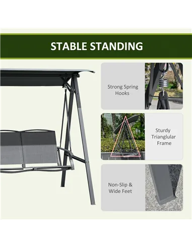 Outsunny 2 Seater Garden Swing Seat Swing Chair, Outdoor Canopy Swing Bench with Adjustable Shade, Metal Frame and Texteline Sea