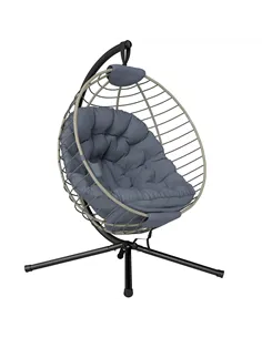 Outsunny PE Rattan Swing Chair, Outdoor Hanging Chair with Metal Stand, Thick Padded Cushion, Foldable Basket and Cup Holder, fo
