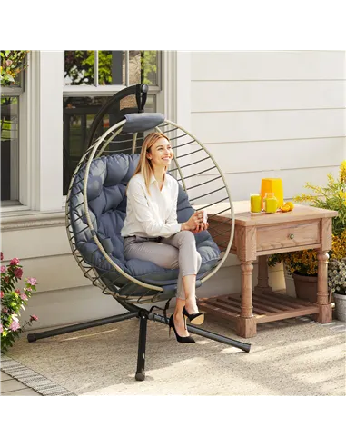 Outsunny PE Rattan Swing Chair, Outdoor Hanging Chair with Metal Stand, Thick Padded Cushion, Foldable Basket and Cup Holder, fo