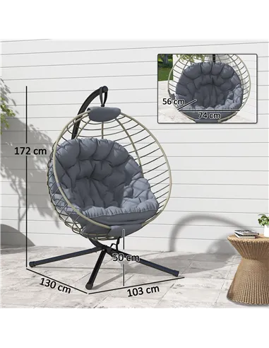 Outsunny PE Rattan Swing Chair, Outdoor Hanging Chair with Metal Stand, Thick Padded Cushion, Foldable Basket and Cup Holder, fo