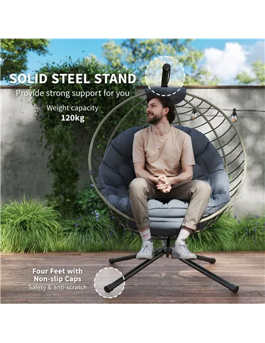 Outsunny PE Rattan Swing Chair, Outdoor Hanging Chair with Metal Stand, Thick Padded Cushion, Foldable Basket and Cup Holder, fo