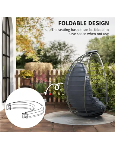 Outsunny PE Rattan Swing Chair, Outdoor Hanging Chair with Metal Stand, Thick Padded Cushion, Foldable Basket and Cup Holder, fo