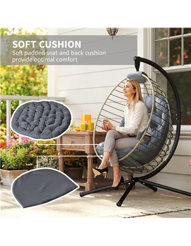 Outsunny PE Rattan Swing Chair, Outdoor Hanging Chair with Metal Stand, Thick Padded Cushion, Foldable Basket and Cup Holder, fo