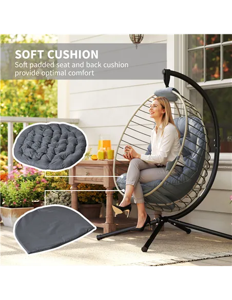 Outsunny PE Rattan Swing Chair, Outdoor Hanging Chair with Metal Stand, Thick Padded Cushion, Foldable Basket and Cup Holder, fo