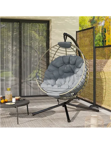 Outsunny PE Rattan Swing Chair, Outdoor Hanging Chair with Metal Stand, Thick Padded Cushion, Foldable Basket and Cup Holder, fo