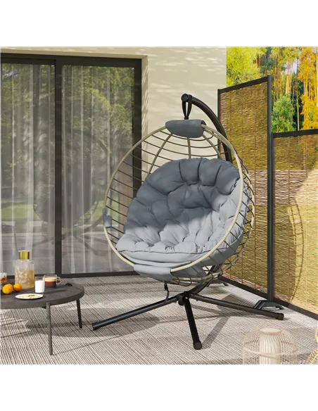 Outsunny PE Rattan Swing Chair, Outdoor Hanging Chair with Metal Stand, Thick Padded Cushion, Foldable Basket and Cup Holder, fo